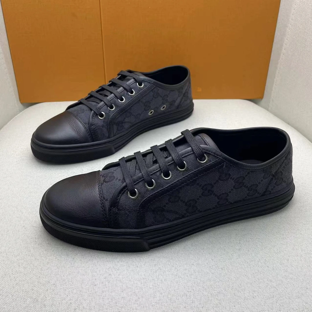 95新 GUCCI/古驰 黑色双G帆布暗纹百搭舒适系带低帮板鞋/40码