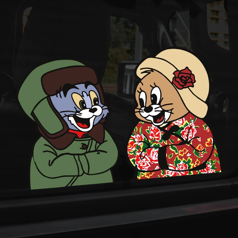 猫和老鼠东北风车贴创意搞笑卡通摩托电动车花棉袄装饰反光车贴纸