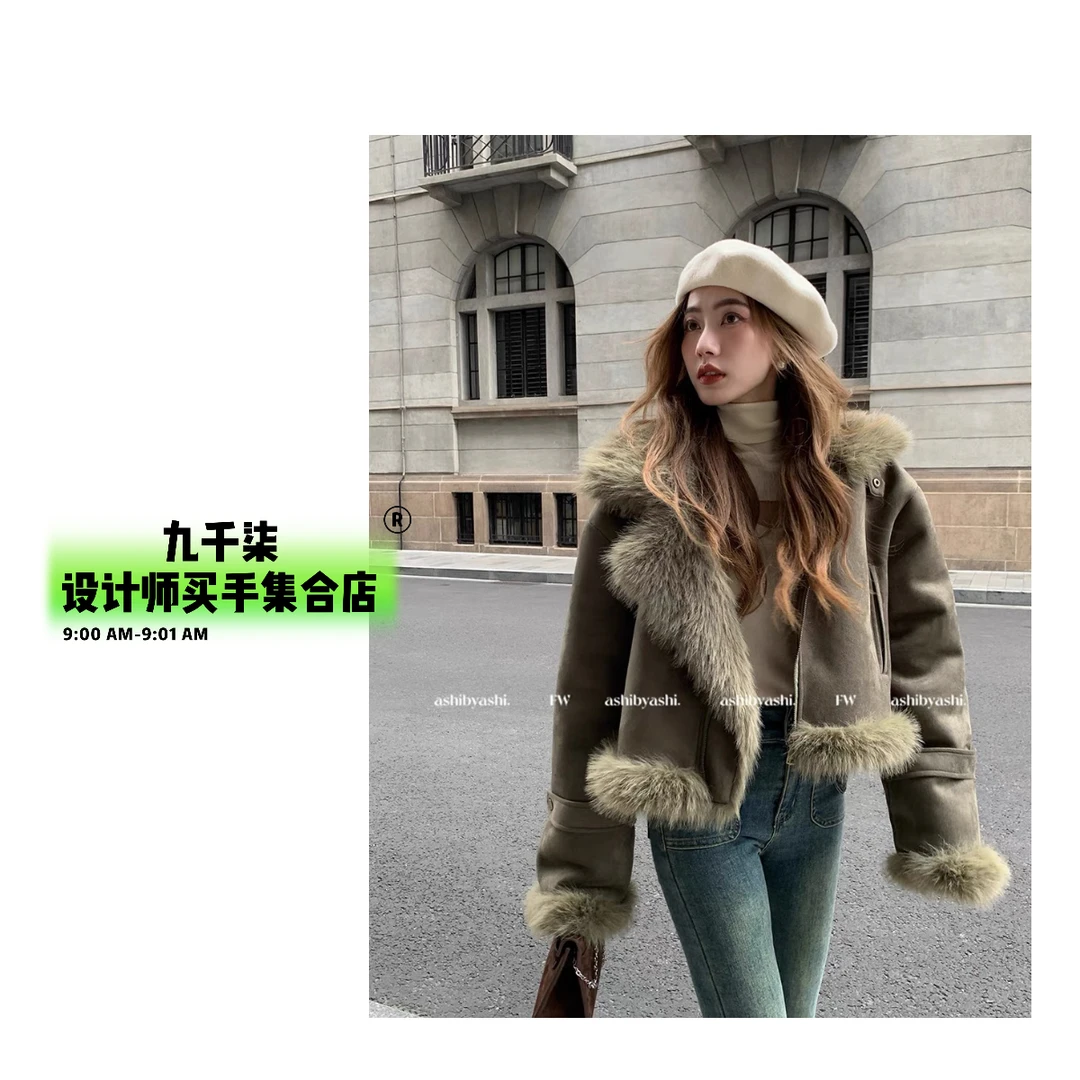 皮毛一体外套麂皮绒短款机车服女显瘦韩版休闲夹克冬季