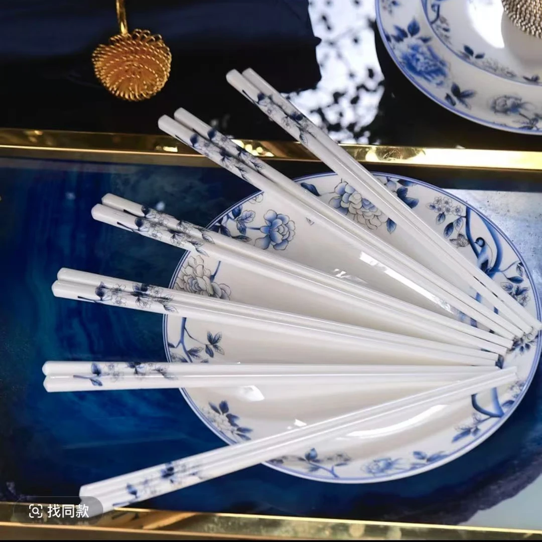 【青花鸾凤和鸣高温骨瓷筷子10双】景德镇高档骨瓷筷子家用防霉防滑