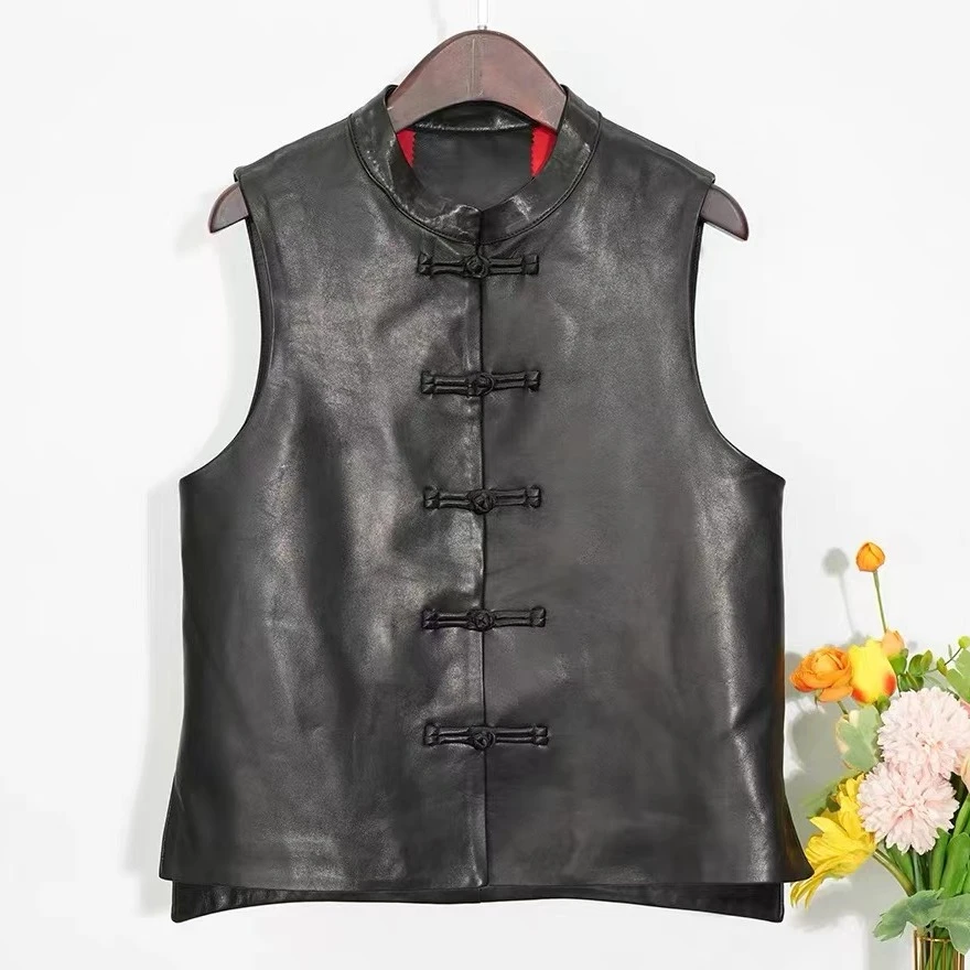 【海宁皮衣】2024新款百搭高级款马甲黑色复古中国风