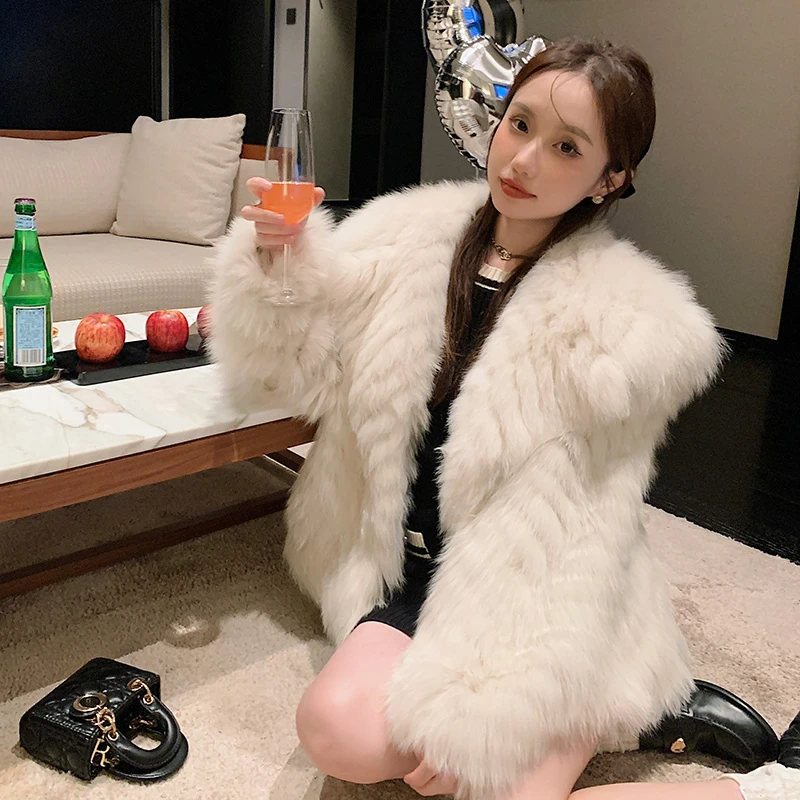 狐狸毛车条外套女短款毛毛海军领时尚2025季新款海宁23017