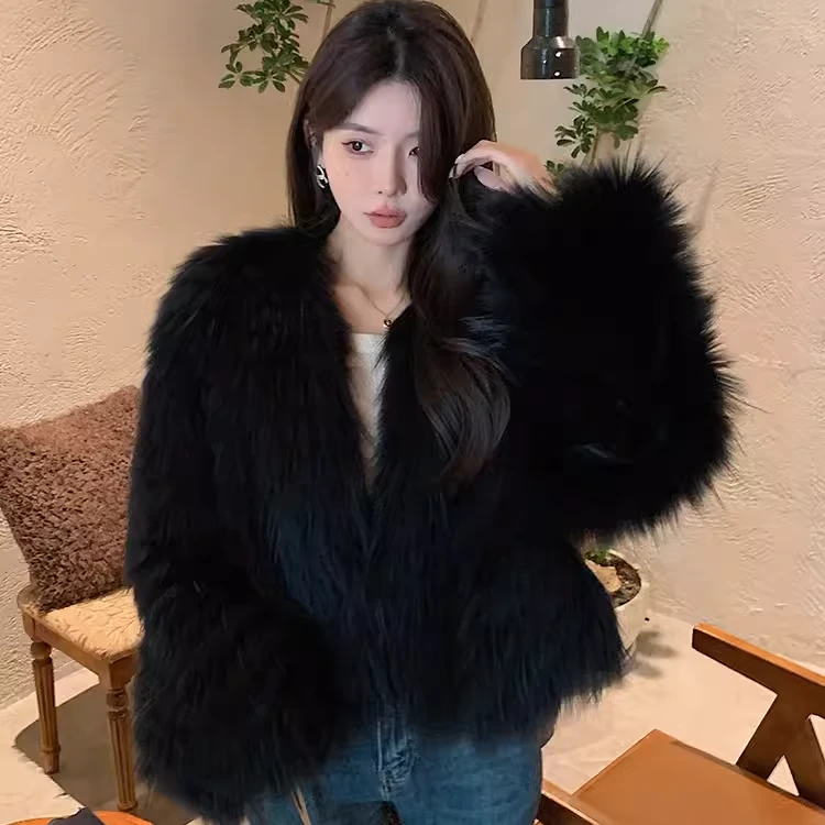 进口貉子毛车条皮草外套女短款2025冬马蹄袖年轻款显瘦韩版23061