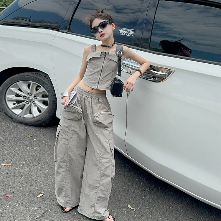 女童洋气时髦2024夏季新款一字露肩吊带上衣炸街工装裤街舞两件套