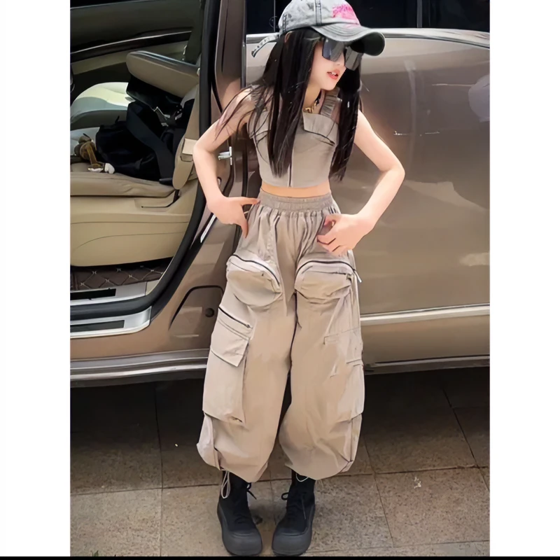 女童辣妹风2024夏季新款一字露肩吊带上衣炸街工装裤街舞两件套