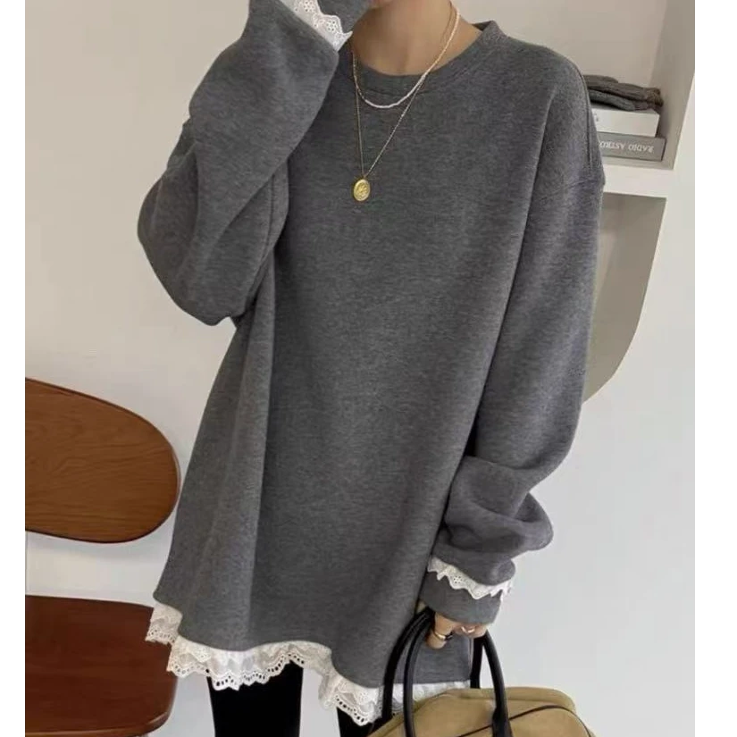 蕾丝花边拼接圆领加绒卫衣女秋冬2024冬时尚宽松中长款慵懒风上衣