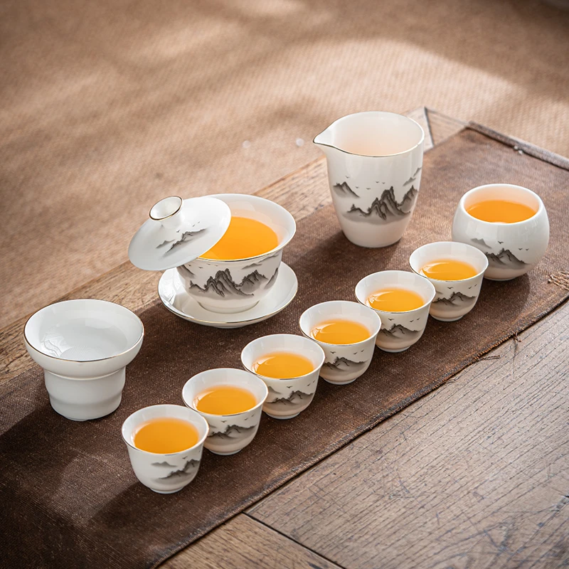 墨城甄选高端羊脂玉瓷水墨江山茶具套装整套轻奢功夫茶具