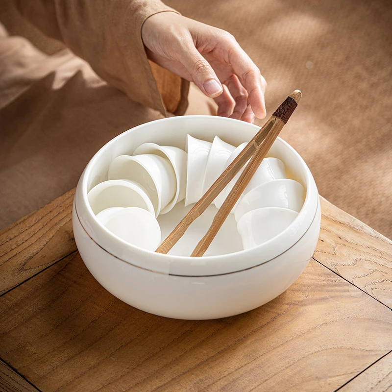 【墨城甄选】羊脂玉特大号大容量茶洗白瓷手工描金茶洗缸