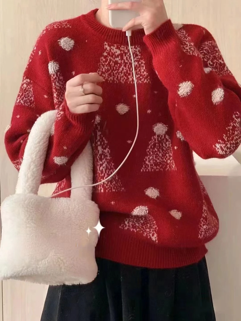 加厚秋冬慵懒风毛衣百搭打底ins圆领毛衣针织衫网红时尚红色宽松