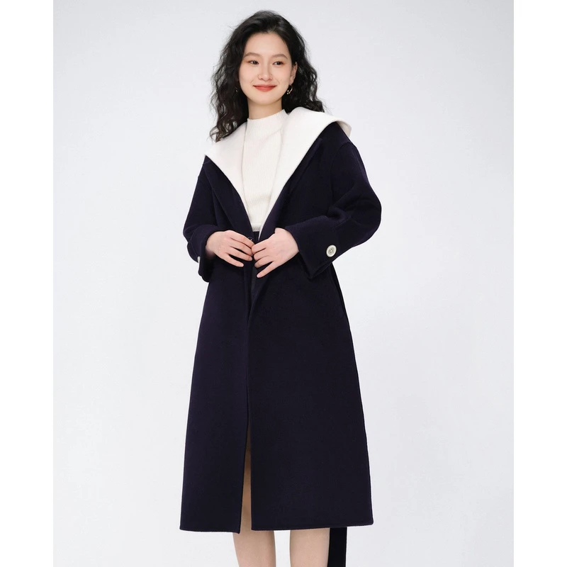 ROCOCO秋冬季羊毛呢子大衣女长款过膝连帽毛呢外套281931FU1143
