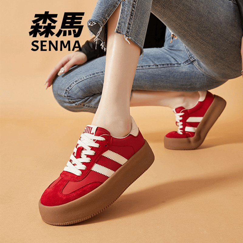 SENMA/森马【龙年限定】2024红色德训鞋女百搭真皮板鞋厚底运动女鞋