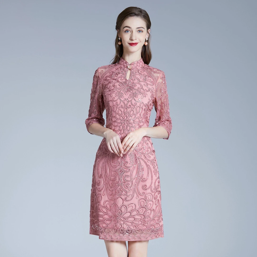 重工盘花刺绣喜婆婆婚宴礼服年轻妈妈结婚改良旗袍连衣裙秋装显瘦