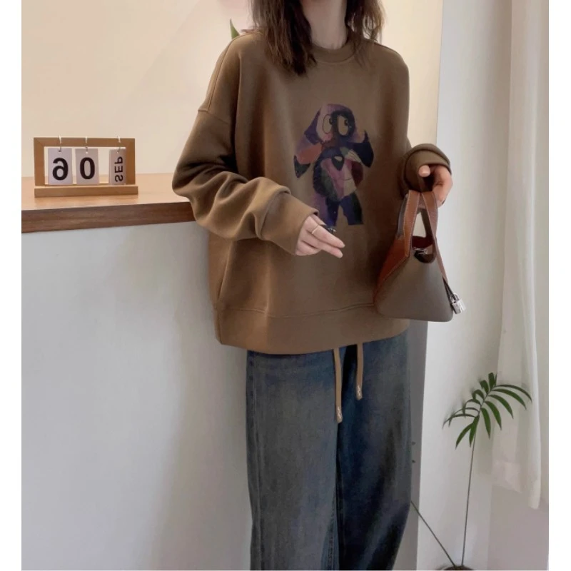 2023秋冬新款欧货圆领卡通卫衣女春秋潮牌宽松休闲美拉德风上衣女