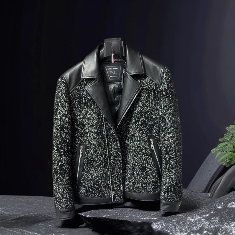 024 真皮拼接羊毛针织外套鹅绒内胆加绒加厚款冬季男装机车款7733