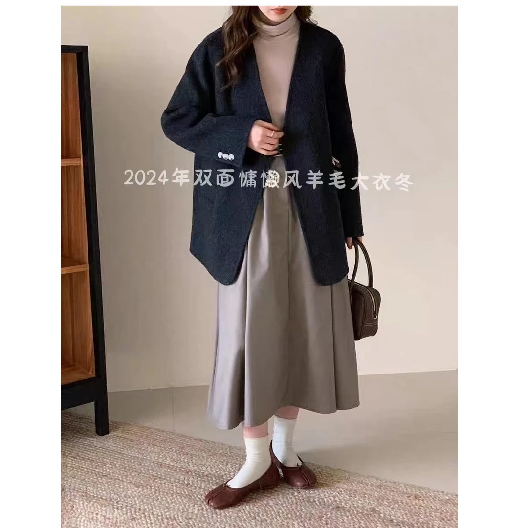 慵懒风毛呢外套气质百搭法式网红设计感秋季上衣宽松（v领中长）