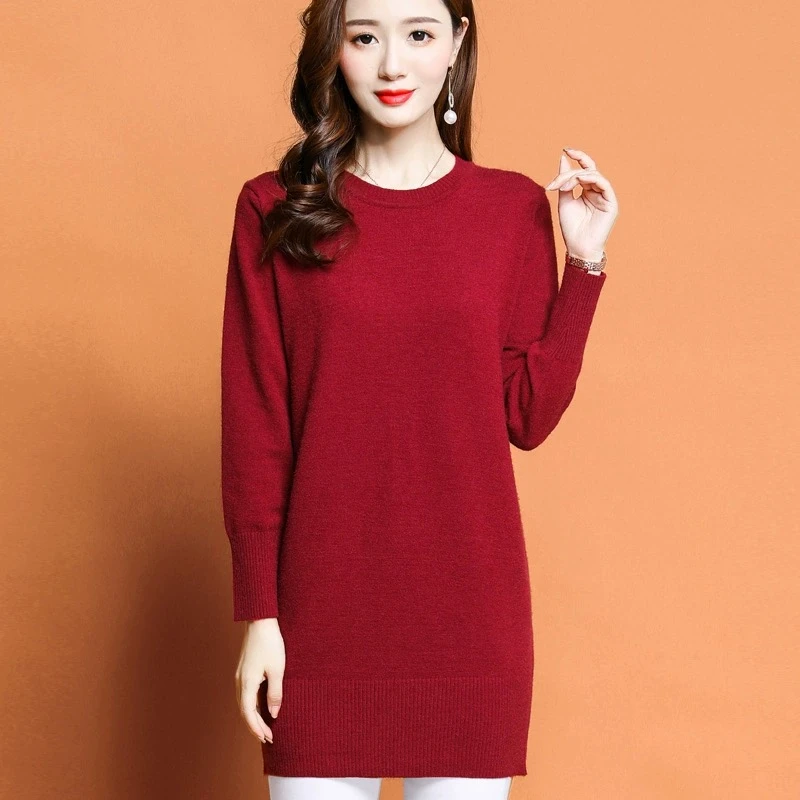 保暖中长款羊毛衫针织圆领加绒高档打底衫女秋冬宽松纯色连衣裙