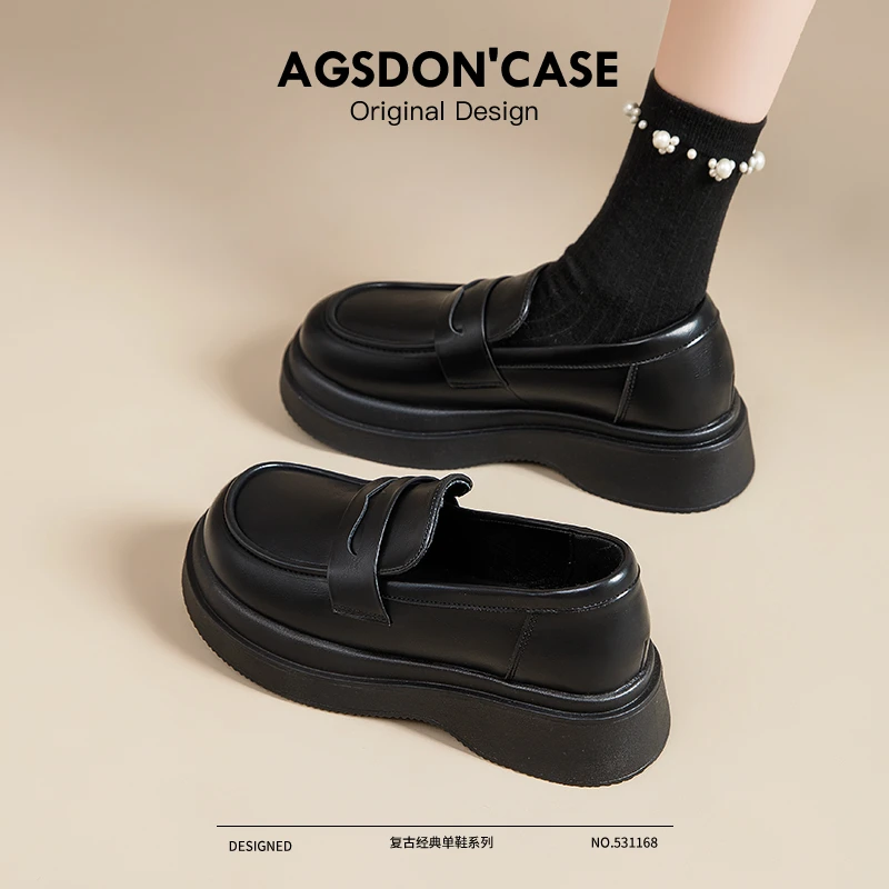 奥古狮登乐福鞋女2025新款厚底英伦风小皮鞋一脚蹬黑色单鞋爆款秋