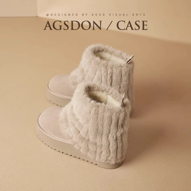 奥古狮登雪地靴女2025新款冬季加绒加厚仿貂毛棉鞋软底毛毛鞋短靴