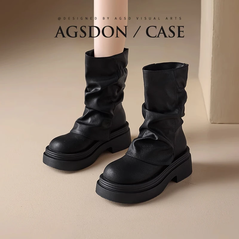 奥古狮登黑色马丁靴女款2024新款秋冬厚底裤管中筒堆堆靴短筒靴子