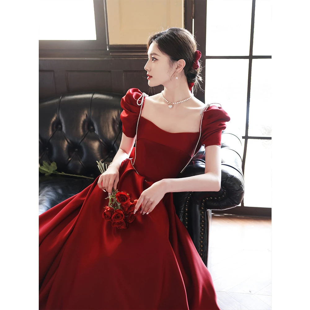 敬酒服新娘结婚订婚礼服一字肩大码孕妇遮肚子小个子酒红色晚礼服