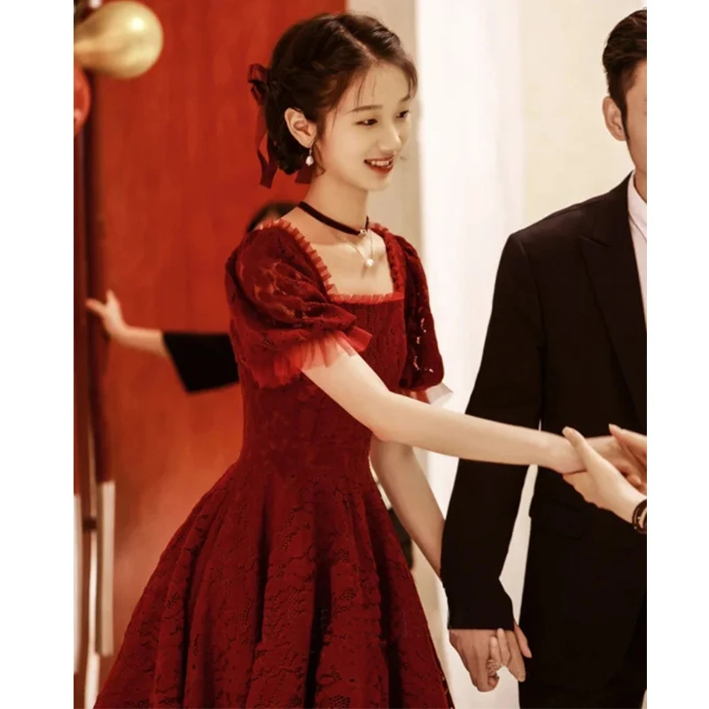 敬酒服新娘结婚订婚礼服一字肩大码孕妇遮肚子小个子酒红色晚礼服