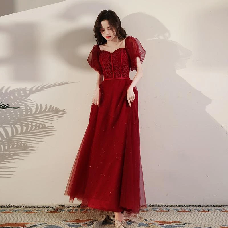 敬酒服长款结婚订婚礼服一字肩大码孕妇遮肚子小个子酒红色晚礼服