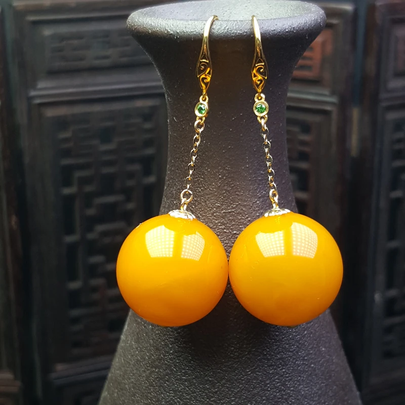 蜜蜡耳环18K金镶嵌17毫米老蜜蜡耳环满蜜鸡油黄耳坠琥珀圆珠耳饰