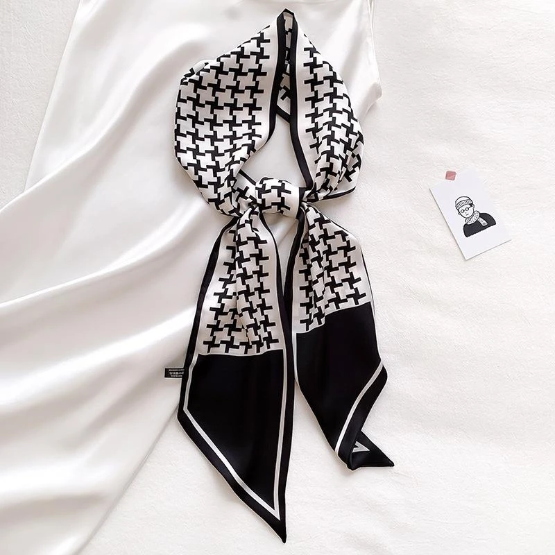 韩版春秋新款豹纹时尚细窄长条丝巾女领巾字母印花绑发带飘带围巾