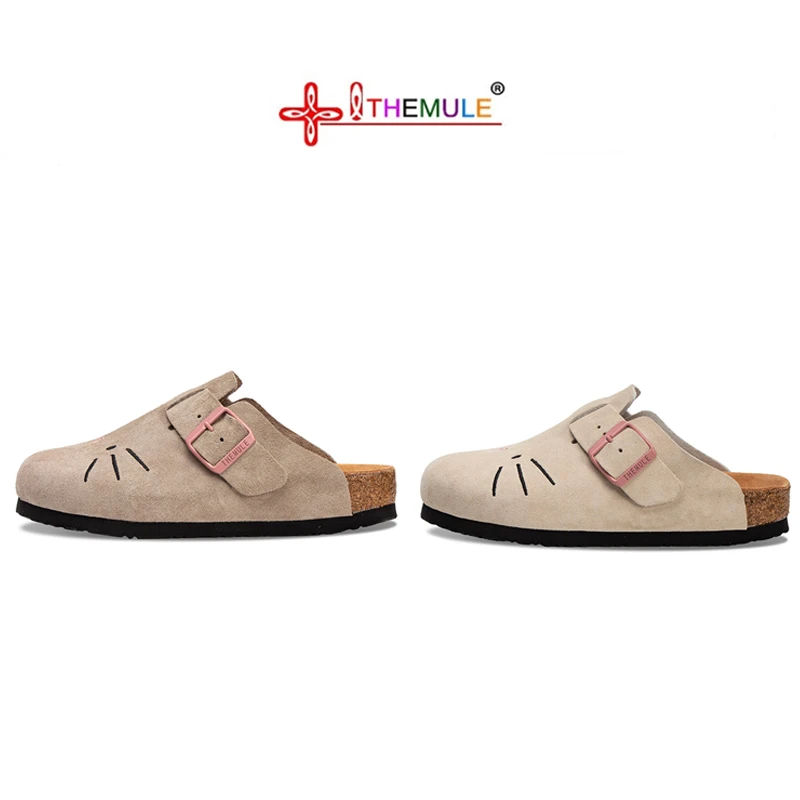 真皮勃肯半拖鞋女2024秋季新款外穿软木厚底kitty博肯懒人包头鞋