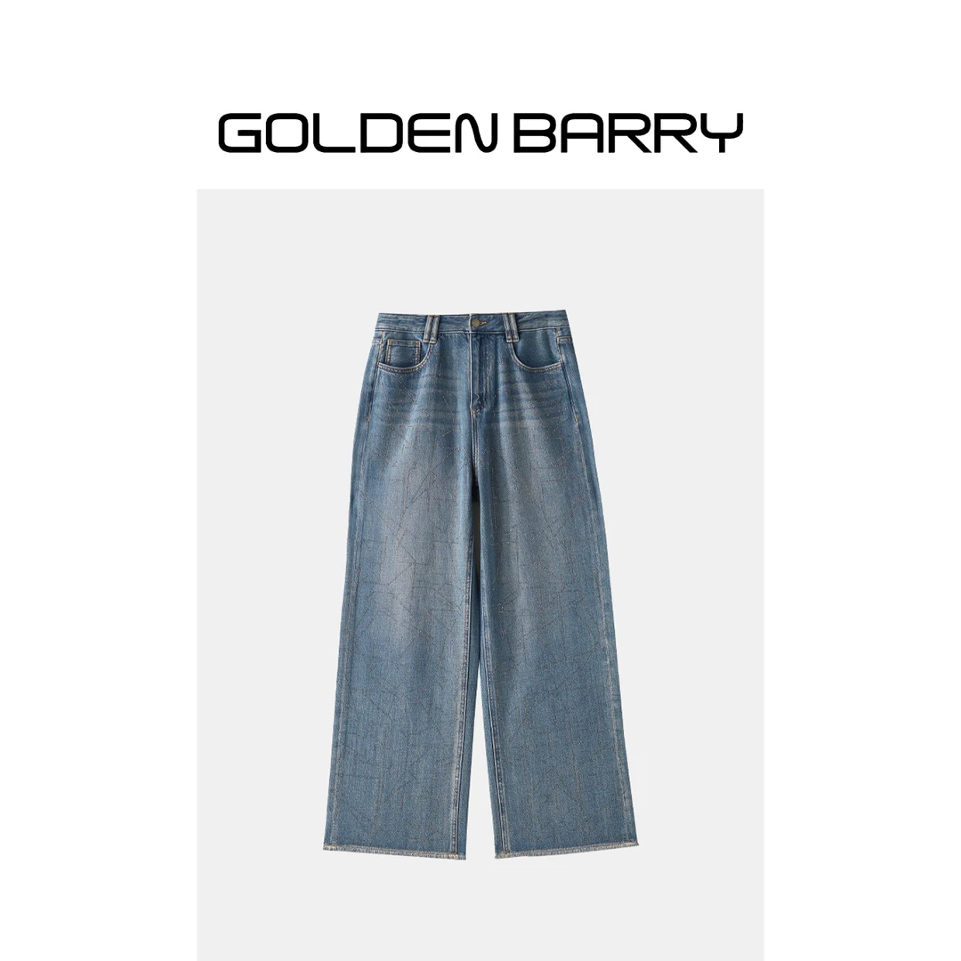 |501127闪闪亮阔腿牛仔裤高腰牛仔长裤休闲裤时尚