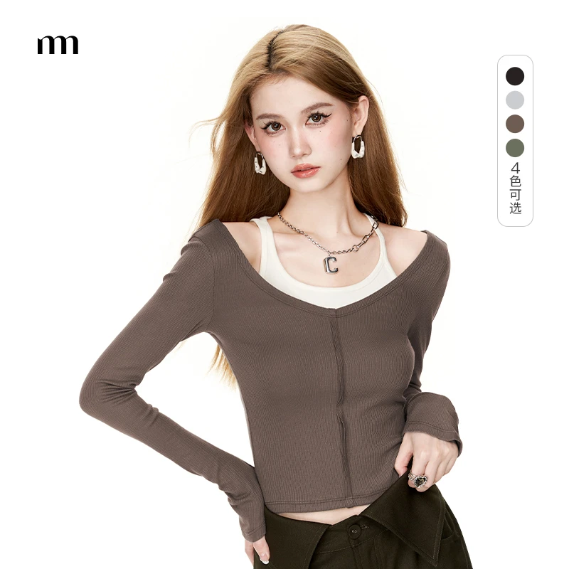 NIMO WANG 露肩两穿纯欲修身假两件打底衫针织上衣打底衫内搭外穿