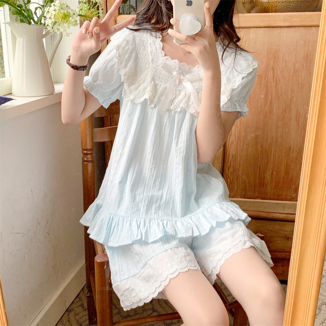 夏天女睡衣纯棉100%全棉套装夏季公主风甜美宽松方领可外出家居服