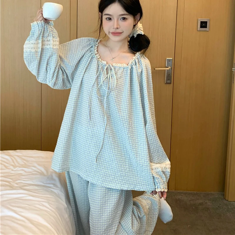 甜美蕾丝格纹宽松睡衣女春秋款套装2024年新款棉麻长袖外穿家居服