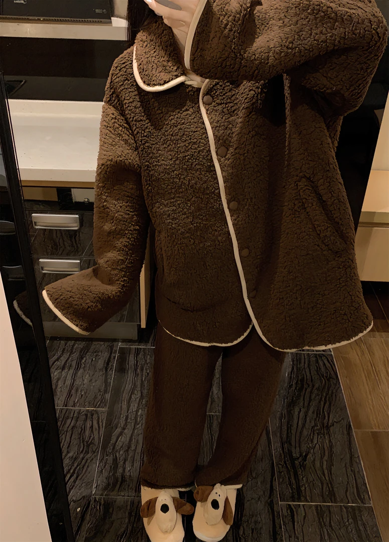 韩版甜美高级珊瑚绒睡衣女冬季新款高级加厚毛绒家居服法兰绒套装