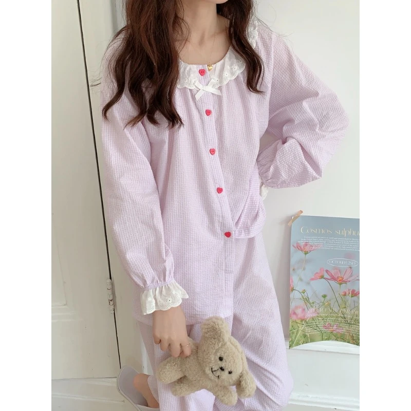 纯棉睡衣女春秋季套装日系圆领开衫洋气新款花边长袖小个子家居服