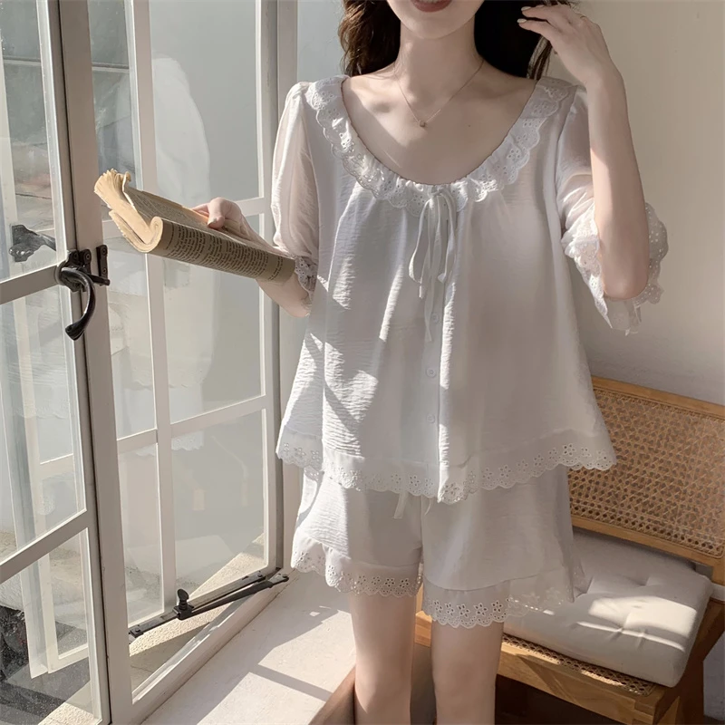 夏天圆领洋气纯棉睡衣女士夏季套装开衫宽松短袖短裤可外穿家居服