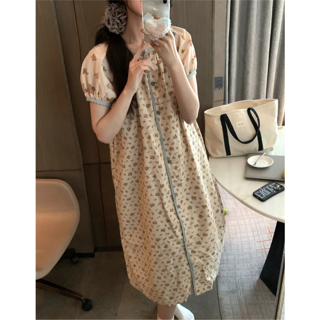 夏季宽松甜美碎花睡裙夏天新款纯棉睡衣女士100%全棉可外穿连衣裙