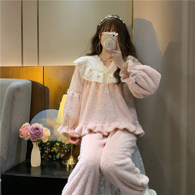粉色甜美花边公主风加绒加厚睡衣女士秋冬季珊瑚绒长袖家居服套装