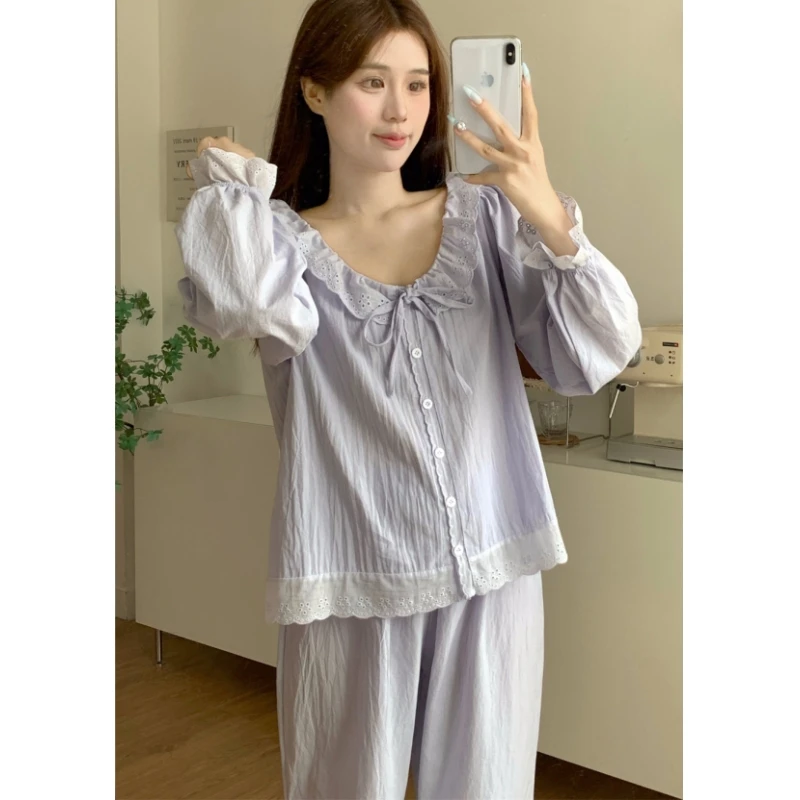 紫色圆领开衫女睡衣纯棉100%全棉春秋夏季套装高颜值可外穿家居服