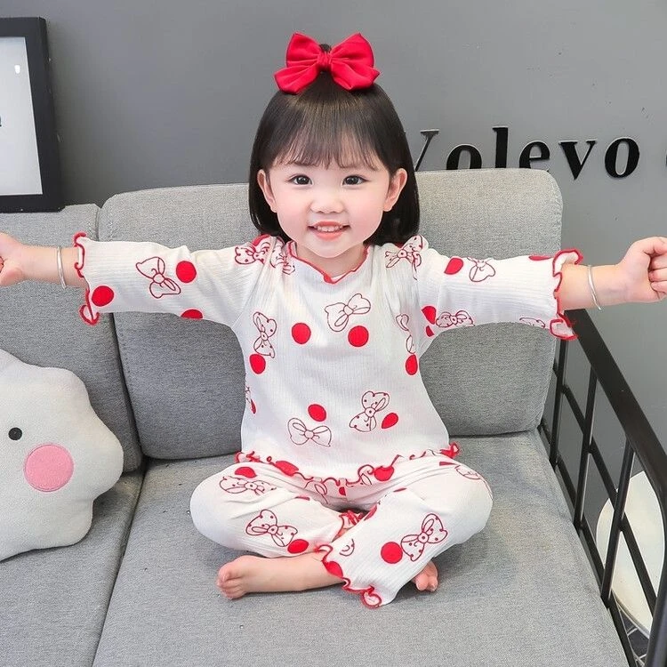春秋儿童新款木耳边印花套装女宝宝韩版舒适可爱居家服两件套睡衣