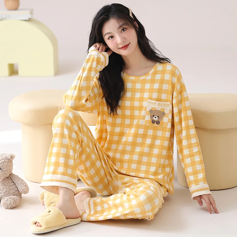 春秋季新款女士纯棉长袖长裤休闲大码韩版可外穿家居服睡衣套装