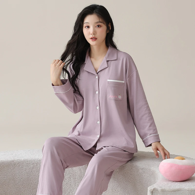 春秋季女款纯棉长袖长裤睡衣开衫休闲宽松大码全棉韩版家居服