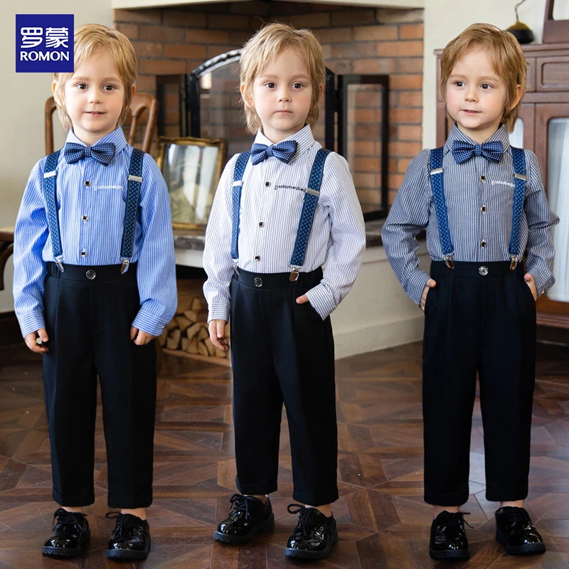 Romon/罗蒙童套装新款韩版男童长袖条纹背带裤周岁生日演出礼服