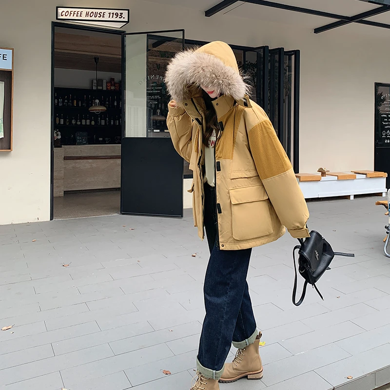 2024新款貉子毛领工装羽绒服女中长情侣款加厚带帽外