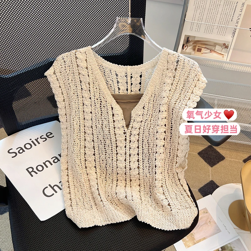 夏新款潮外搭镂空钩花V领马甲针织衫无袖韩系短袖上衣女ins甜美