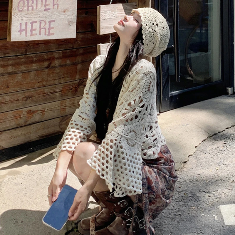 勾花镂空系带针织开衫女夏季新款波西米亚度假风长袖短款上衣罩衫