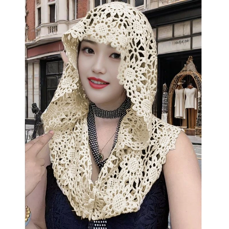 薄款手工披肩钩花时尚包头镂空2025帽子新款女士针织头巾洋气围巾