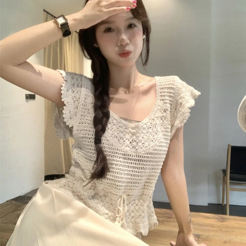 时尚套装女镂空勾花流苏短袖针织衫内搭背心可搭配高腰遮胯半身裙