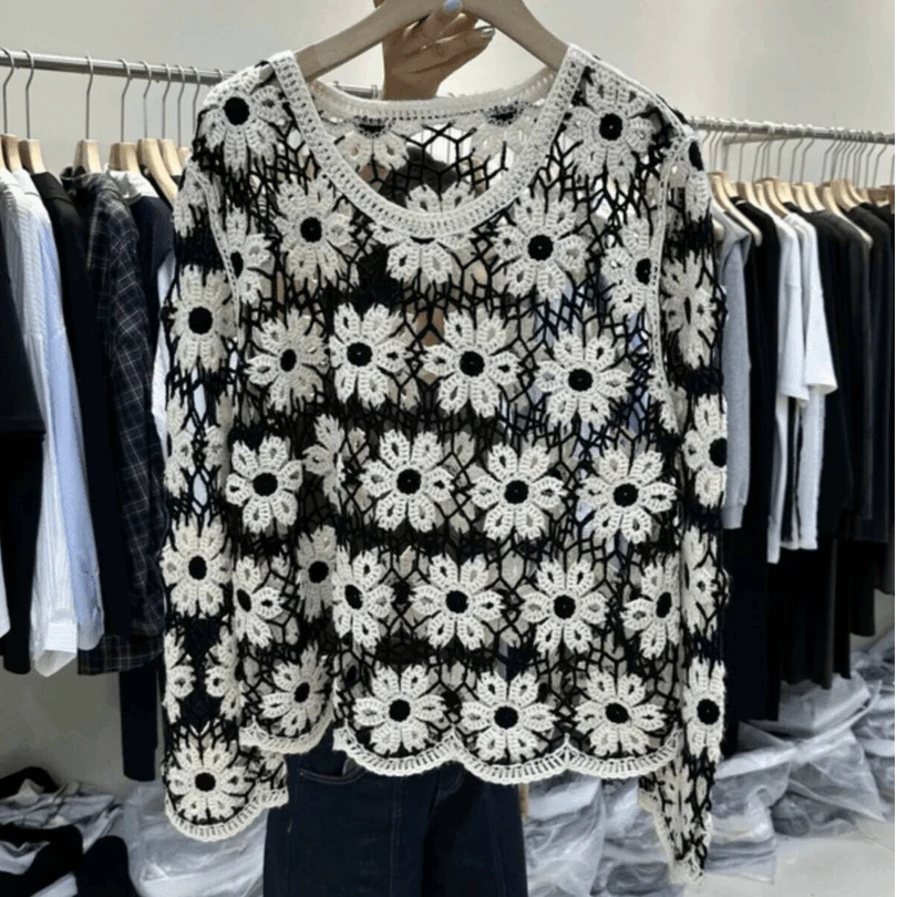 早秋镂空钩花设计感拼色花朵长袖针织衫女2025新款宽松气质上衣