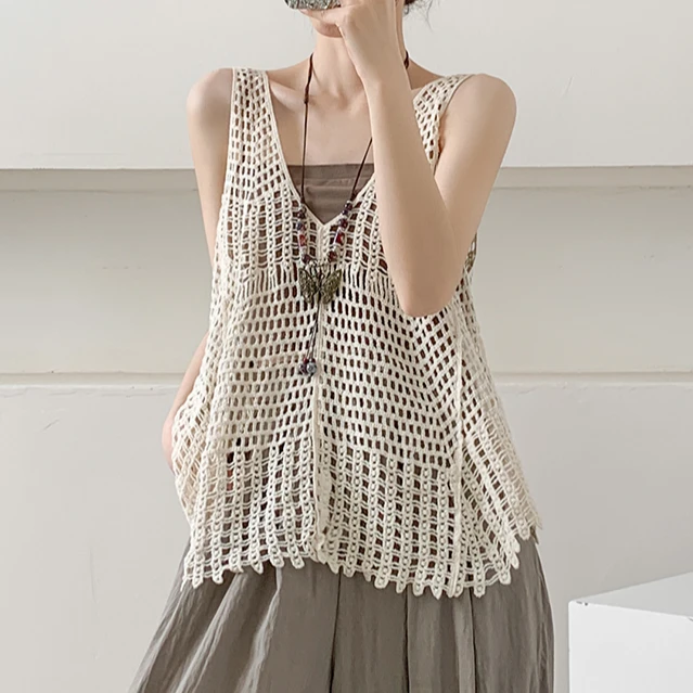 吊带背心女2025新款夏季镂空无袖针织马甲音乐节外搭罩衫上衣